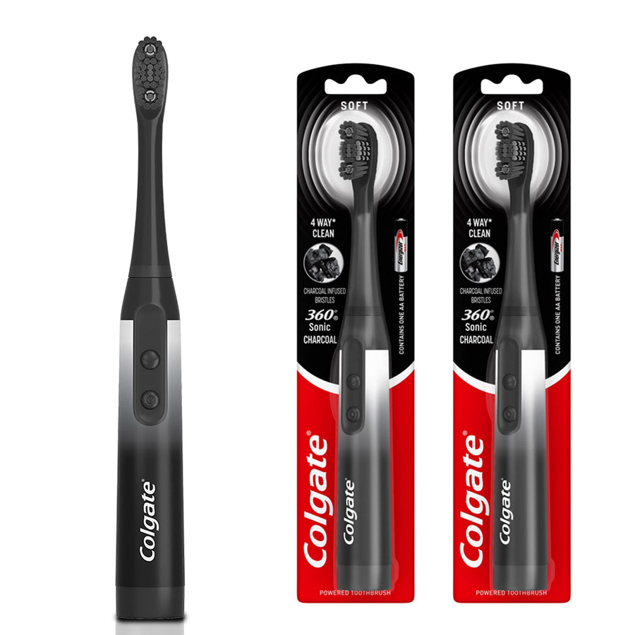 360 Charcoal Sonic Powered Battery Toothbrush, 2 Pack
