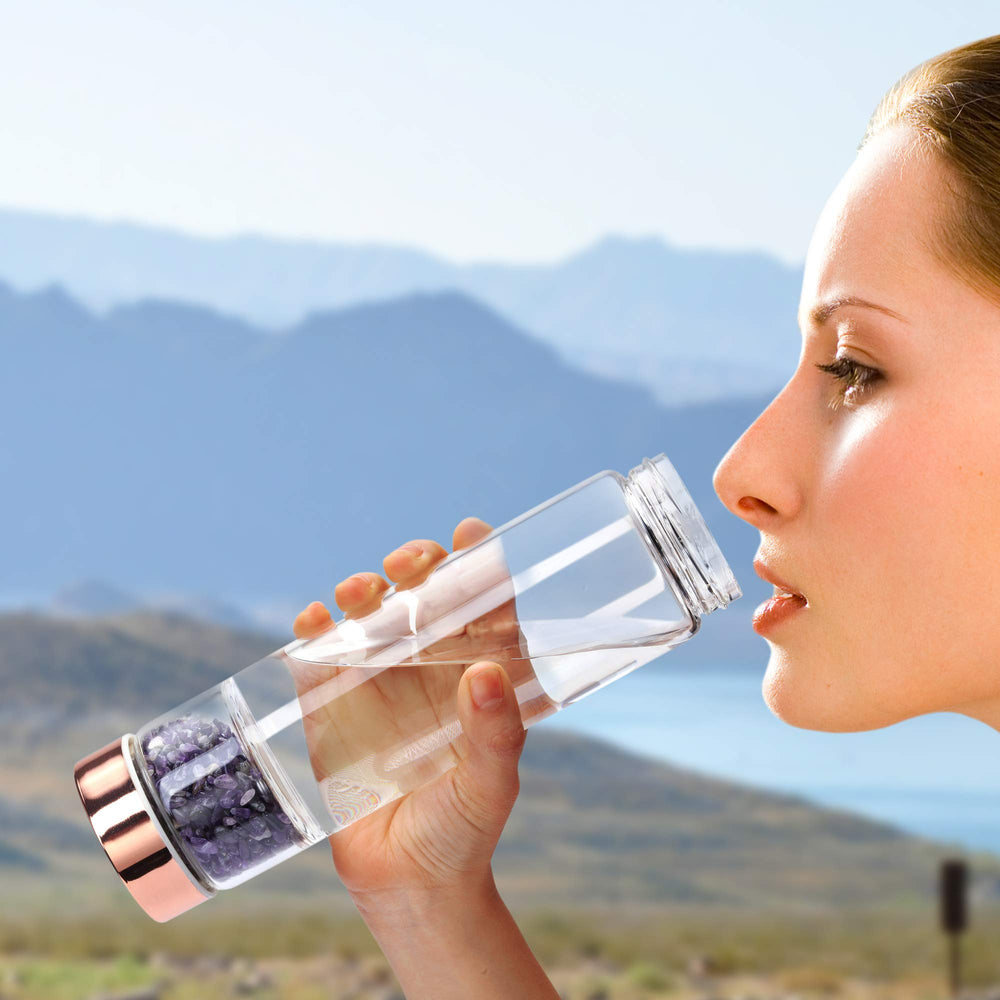 Crystal Water Bottle, Natural Amethyst Healing Glass Water Bottle, Includes a Loose Leaf Tea Infuser Bottle and Protective Sleeve
