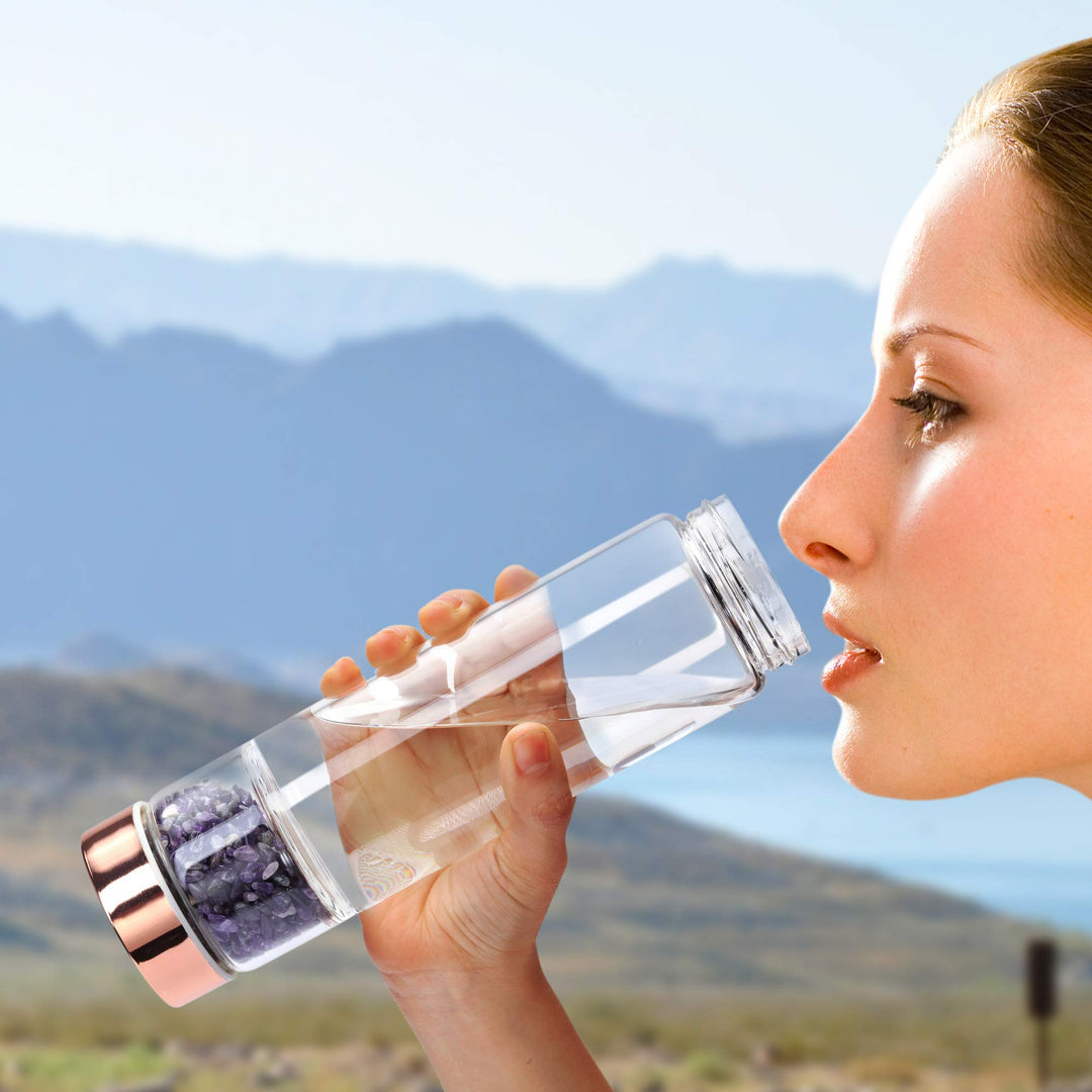 Crystal Water Bottle, Natural Amethyst Healing Glass Water Bottle, Includes a Loose Leaf Tea Infuser Bottle and Protective Sleeve