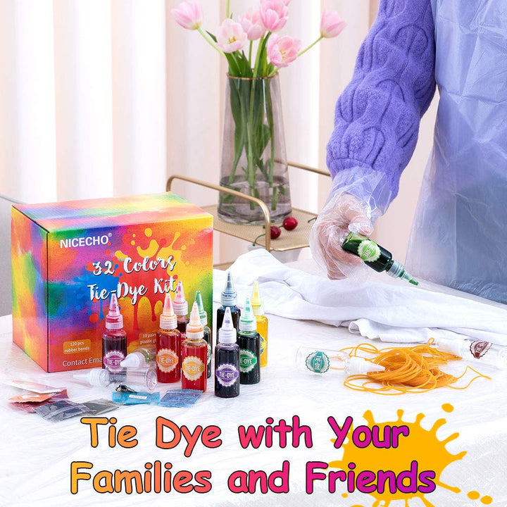 Tie Dye Kit, 32 Colors DIY Fabric Dye Set for Kids, All-in-1 Tie Dye Supplies for Adults, with Pigments, Rubber Bands, Gloves, Apron and Table Covers for Large Groups