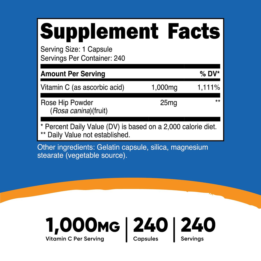 Vitamin C with Rose HIPS 1025mg, 240 Capsules - Vitamin C 1,000mg, Rose HIPS 25mg, Premium, Non-GMO, Gluten Free Supplement