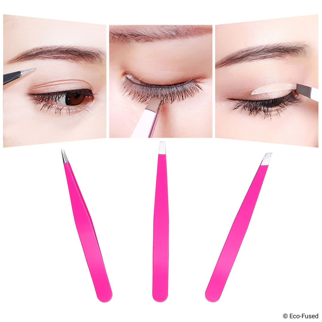 Tweezers - 2 Sets - Slant/Pointed/Flat - High Precision - Pluck Eyebrows, Apply Fake Eyelashes, Remove Facial/Body/Ingrown Hair - Essential Beauty & Personal Care Tool - Pink and Black