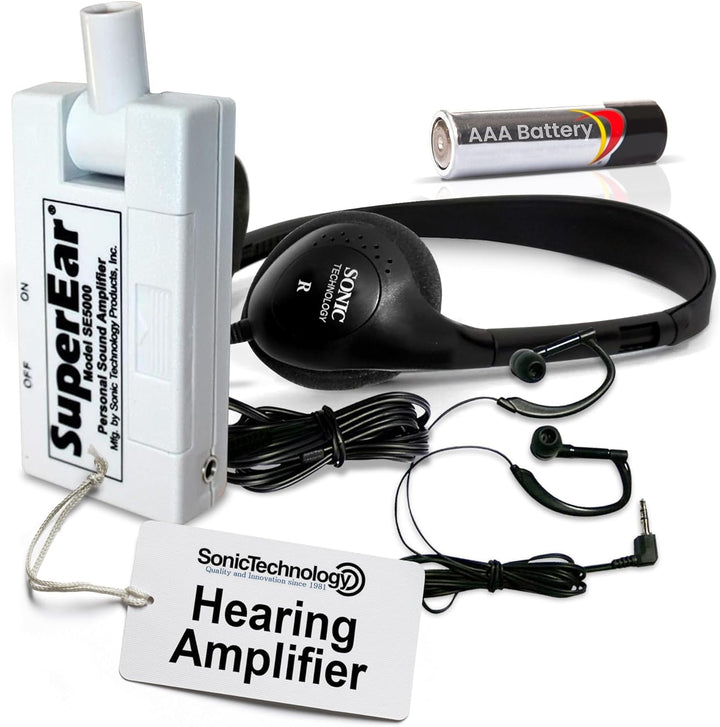 Personal Sound Amplifier Model SE5000 (PSAP), 50dB Gain, Hand Held Pocket Size Audio Amplifier with Headphones, EarBuds, Tactile On/Off Volume Control for Adults, Audiologists, and Seniors