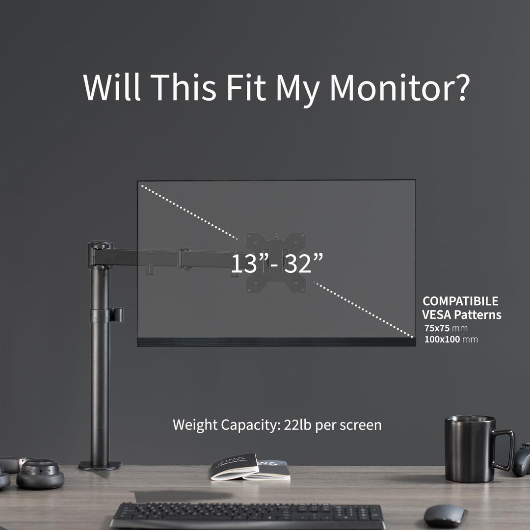 Single Monitor Arm Desk Mount, Holds Screens up to 32 inch Regular and 38 inch Ultrawide, Fully Adjustable Stand with C-Clamp and Grommet Base, VESA 75x75mm or 100x100mm, Black, STAND-V001