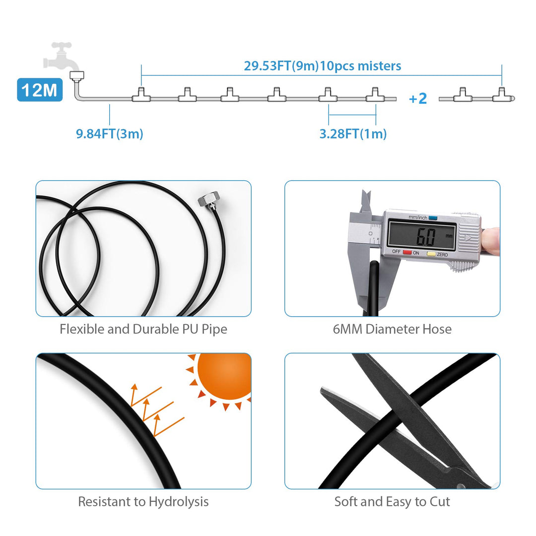 Misting Cooling System, Outdoor Misting System for Patio, 40 FT Misting Line+10 Mist Nozzles+3/4 Brass Adapter,Outdoor Mister System for Patio Garden Trampoline Greenhouse