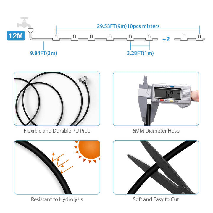 Misting Cooling System, Outdoor Misting System for Patio, 40 FT Misting Line+10 Mist Nozzles+3/4 Brass Adapter,Outdoor Mister System for Patio Garden Trampoline Greenhouse