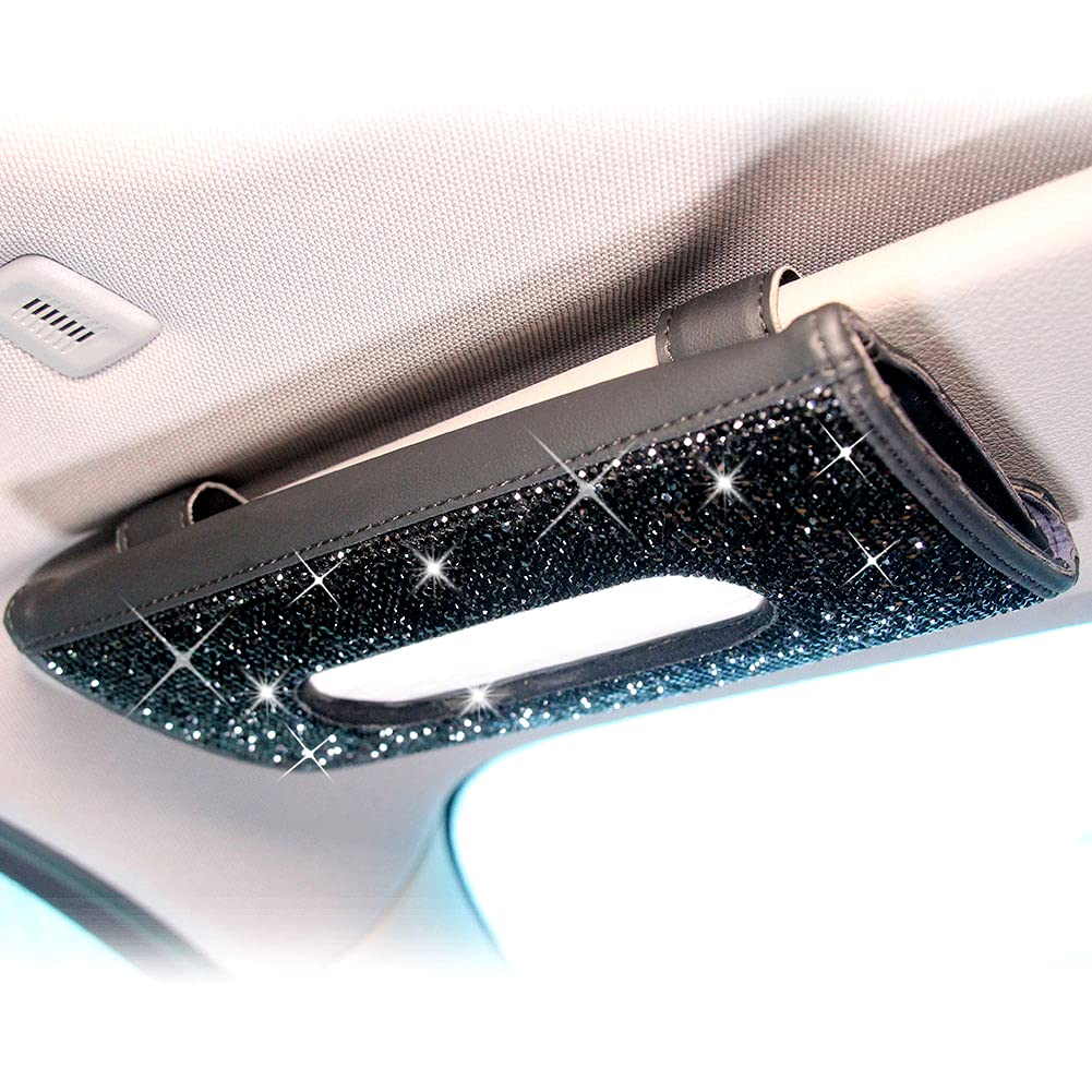 Bling Bling Car Visor Tissue Holder Leather Crystals Paper Towel Cover Case & Glitter Sunglasses Clip for Women Black