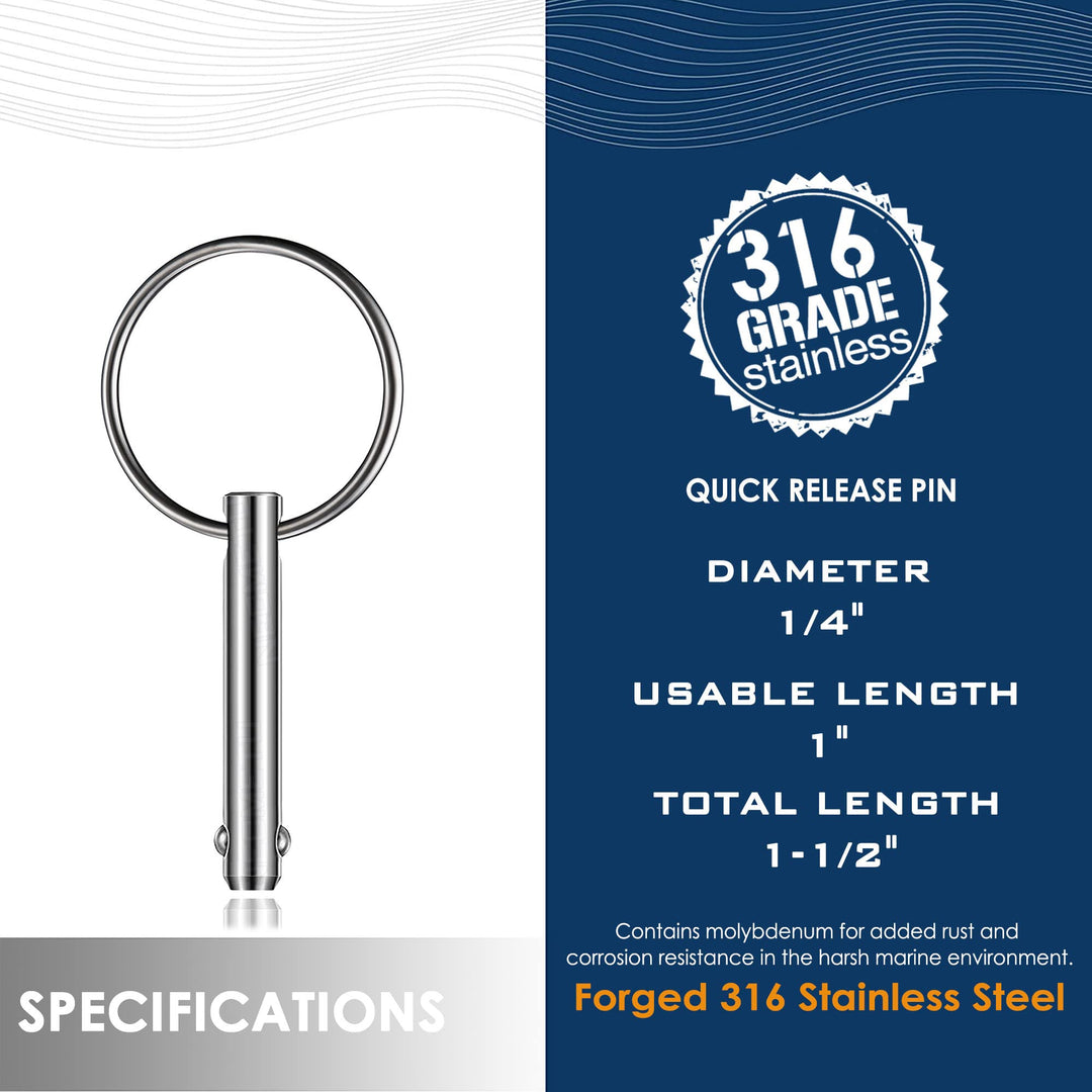 Quick Release Pin Double Ball Lock Pin 316 Stainless Steel 1/4 inch (6.3mm) Diameter, 1(25mm) Usable Length, Bimini Top Pin Detent Ring Pin Boat Marine Hardware (2)