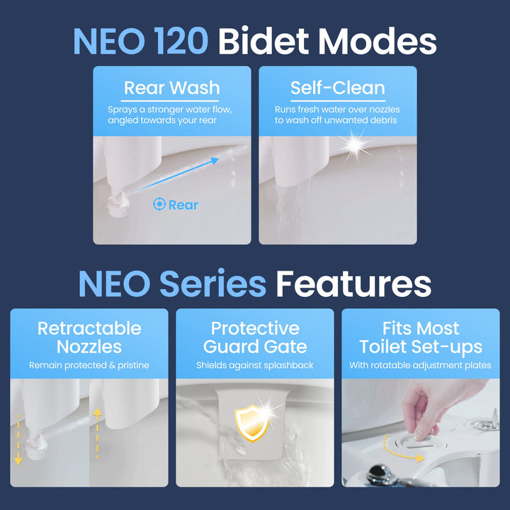 NEO 120 - Self-Cleaning Nozzle, Fresh Water Non-Electric Bidet Attachment for Toilet Seat, Adjustable Water Pressure, Rear Wash (Blue)