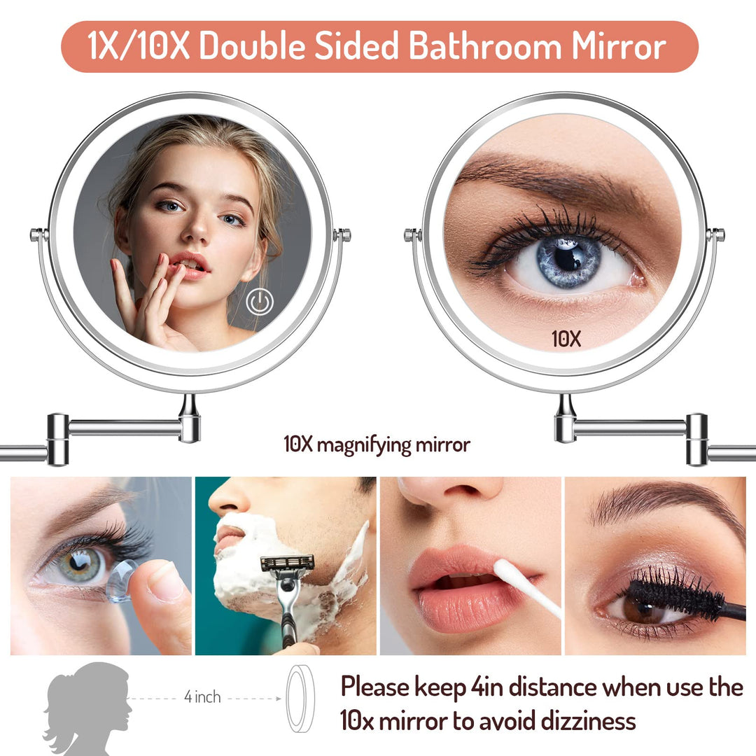 Rechargeable Wall Mounted Lighted Makeup Mirror Chrome, 8 Inch Double-Sided LED Vanity Mirror 1X/10X Magnification,3 Color Lights Touch Screen Dimmable 360°Swivel 13 Inch Extendable
