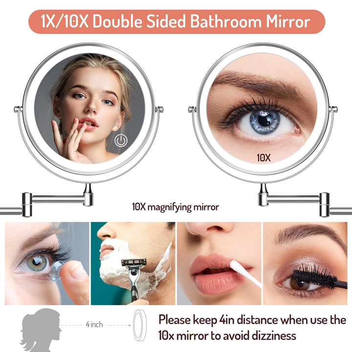 Rechargeable Wall Mounted Lighted Makeup Mirror Chrome, 8 Inch Double-Sided LED Vanity Mirror 1X/10X Magnification,3 Color Lights Touch Screen Dimmable 360°Swivel 13 Inch Extendable