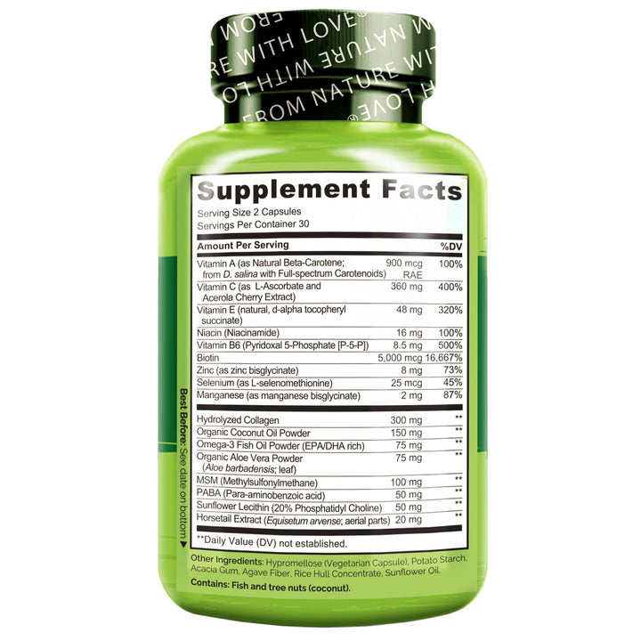 Hair, Skin and Nails Vitamins - 5000 mcg Biotin, Collagen, Natural Vitamin E - Supplement for Healthy Skin, Hair Growth for Women and Men – 60 Capsules