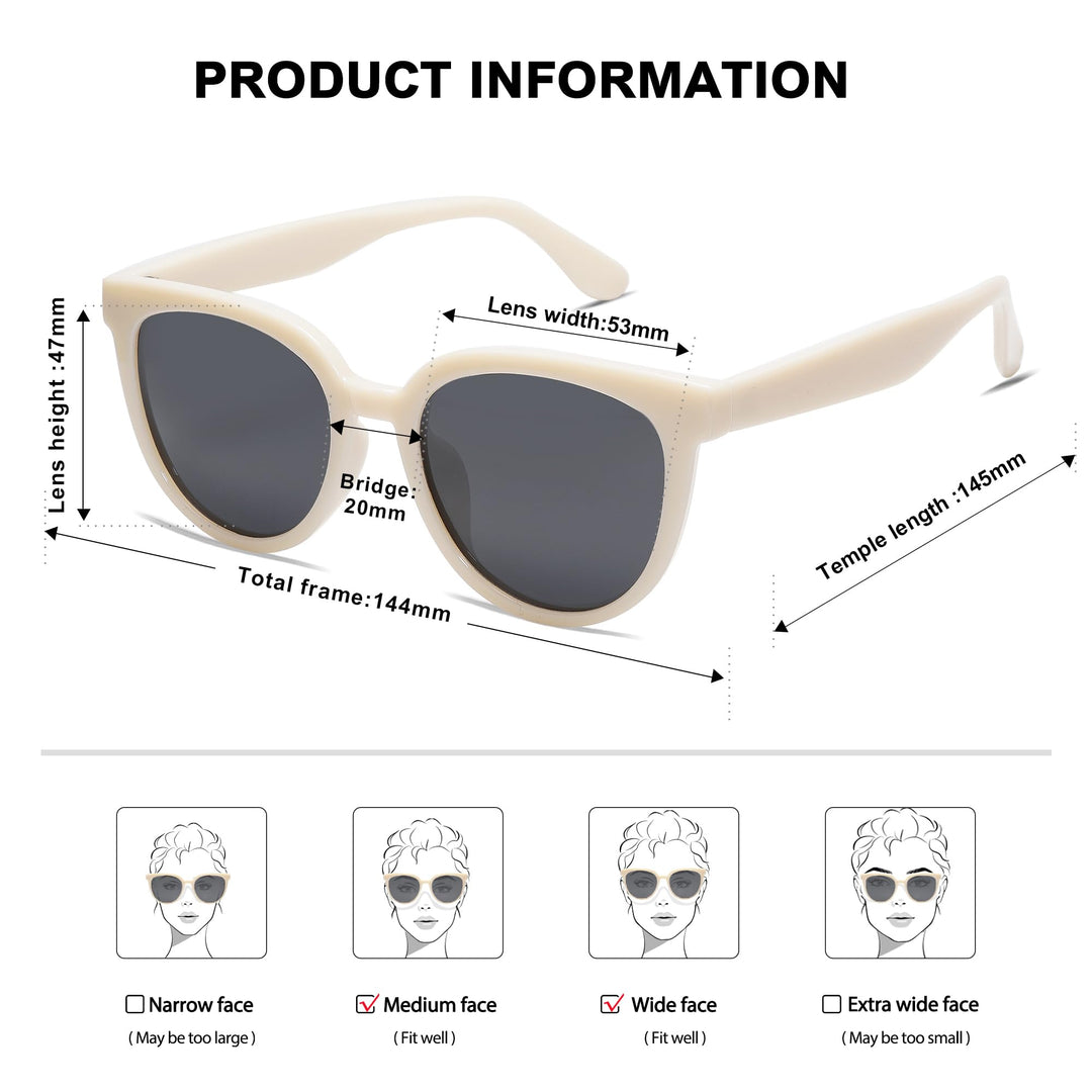 Trendy Cat Eye Round Polarized Sunglasses for Women Fashion UV Protection Sunnies Sunglasses SJ2175, Beige Frame/Grey Lens