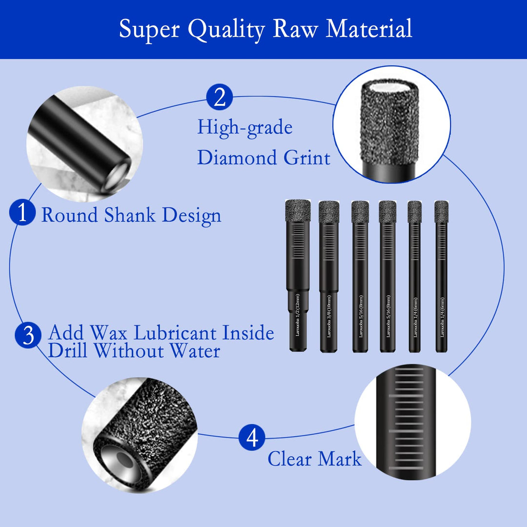 6PC Dry Diamond Drill Bits Set, Diamond Core Drill Bits for Tile Ceramic Granite Marble Porcelain Stone Glass Hard Materials (not for Wood) Round Shank 1/4, 5/16, 3/8, 1/2 inch.