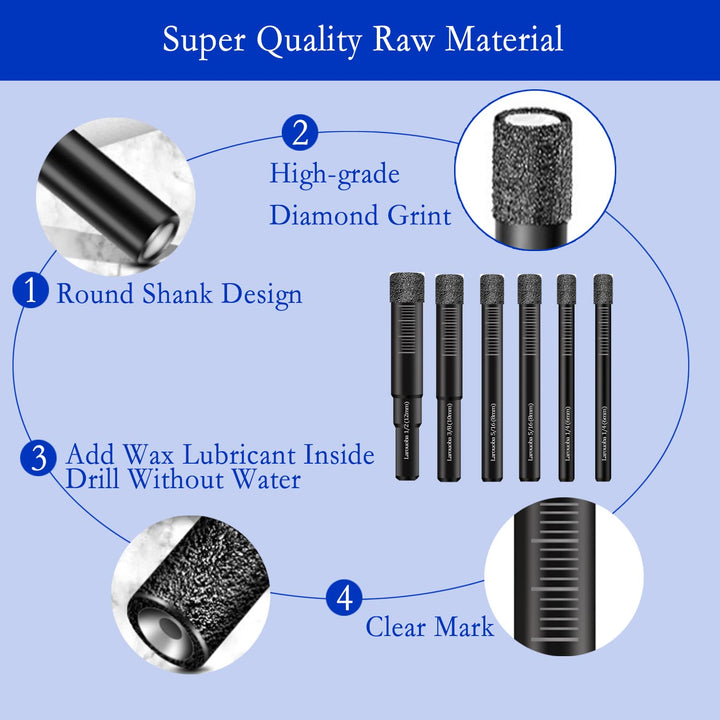 6PC Dry Diamond Drill Bits Set, Diamond Core Drill Bits for Tile Ceramic Granite Marble Porcelain Stone Glass Hard Materials (not for Wood) Round Shank 1/4, 5/16, 3/8, 1/2 inch.