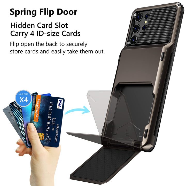 for Galaxy S22 Ultra Case Wallet Credit Card Holder 4-Card Slot Hidden Back Pocket Dual Layer Hybrid Rugged Rubber Bumper Protective Hard Shell Cover for Samsung Galaxy S22 Ultra Gun