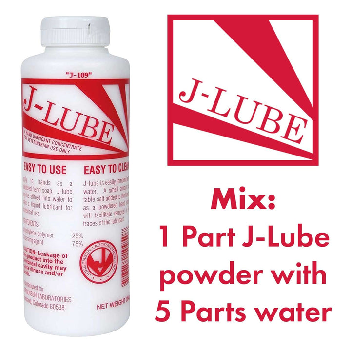 J-Lube Powder Lubricant | Easy-Mix Formula, Non-Irritating & Mess-Free | 10oz Bottle Makes 6-8 Gallons | Trusted for Veterinary & Obstetrical Use | Safe, Smooth & Easy to Clean | Red White