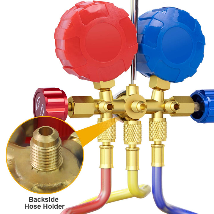3 Way AC Manifold Gauge Set, Fits for R134A R12 R22 and R502 Refrigerants, with 5FT Hose, Acme Tank Adapters, Quick Couplers and Can Tap