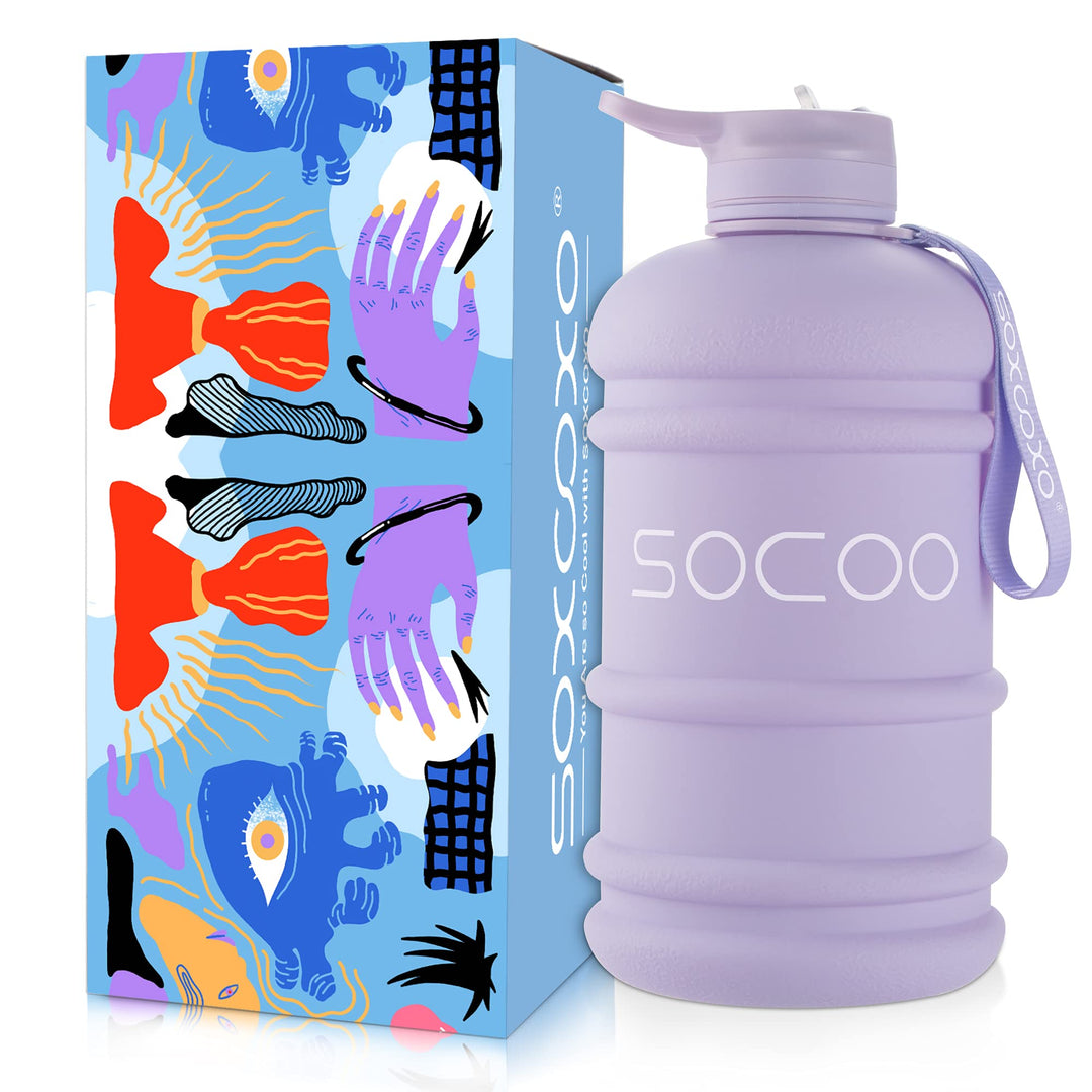 Half Gallon 64oz Water Bottle With Straw Lid Strap and Holder Bpa free Leakproof Great For Kids Woman Man Large Water Jug For School Sports Gym Running Fitness Outdoor(Light purple)