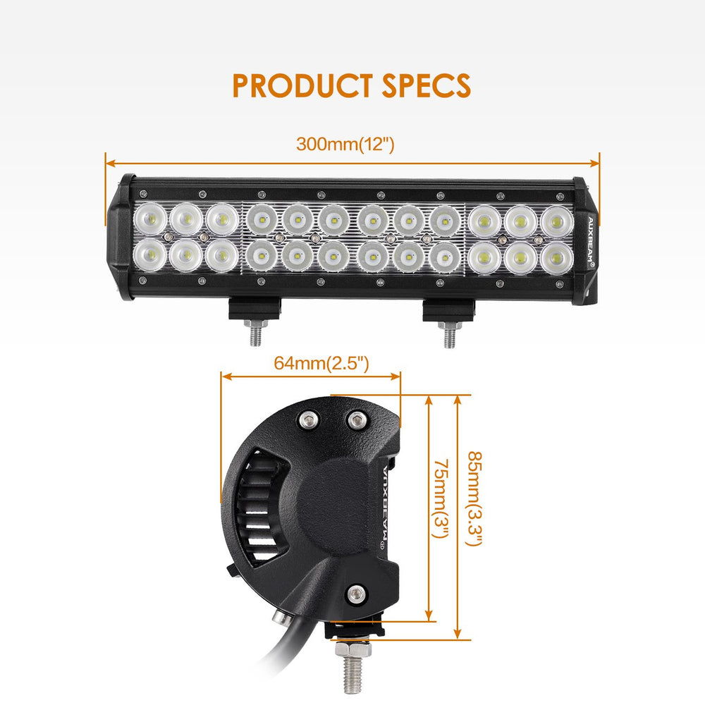 12 Inch LED Light Bar with Wiring Harness 72W 7200lm Light Bar Combo Beams 24pcs 3W Led Chips Waterproof Led Work Light for Truck Pickup Jeep SUV ATV UTV