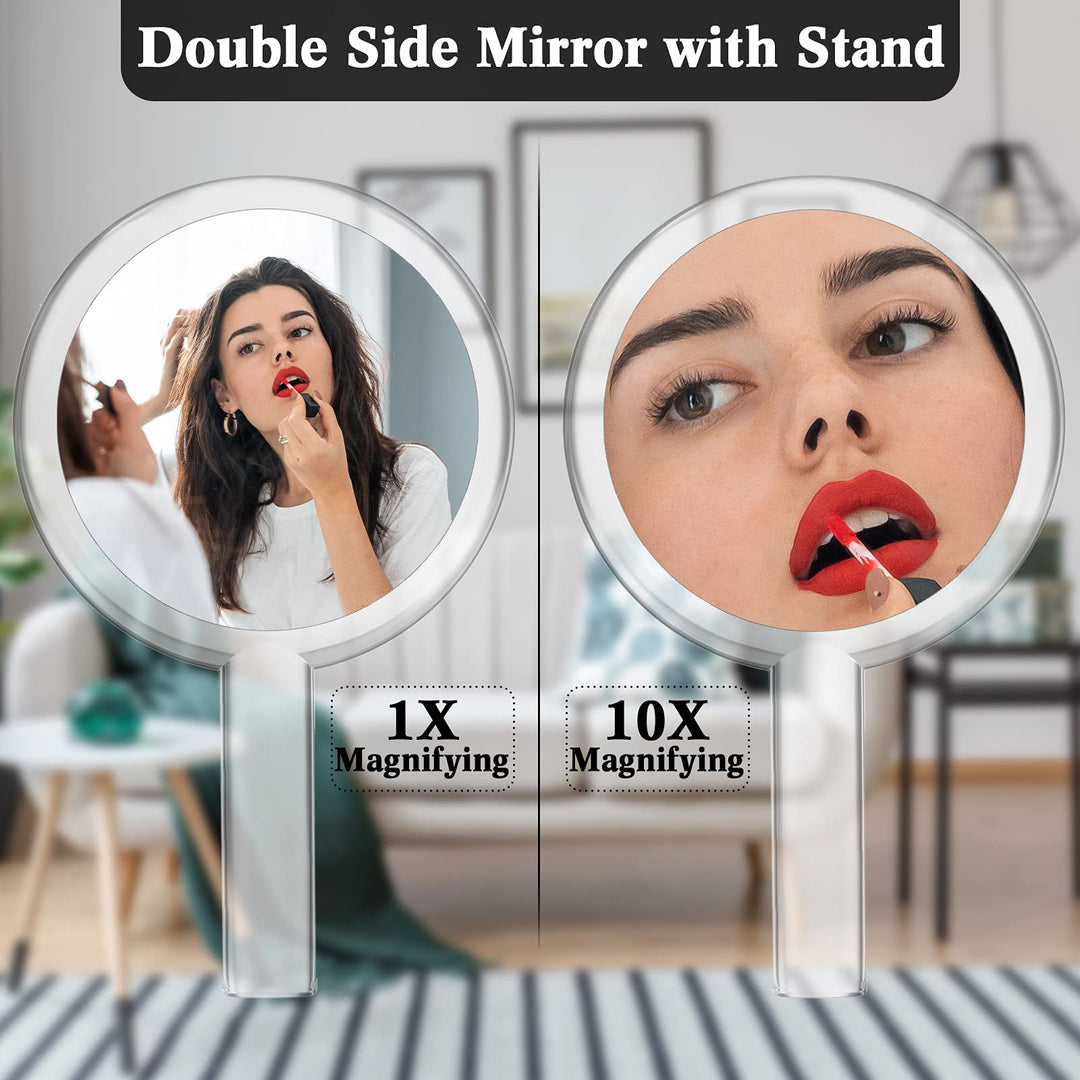 Double-Sided Handheld Mirror with Stand, 1X/10X Magnifying Mirror, Clear Adjustable, Round Shape, 25.8 x 15 cm
