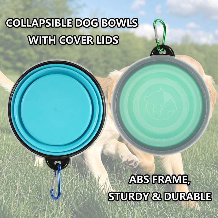 Collapsible Bowl with Cover Lids,2 Pack Dog Travel Bowls Portable Foldable Cat Water Dish Bowl for Pets Walking Parking Camping (Light Blue and Green, Small)