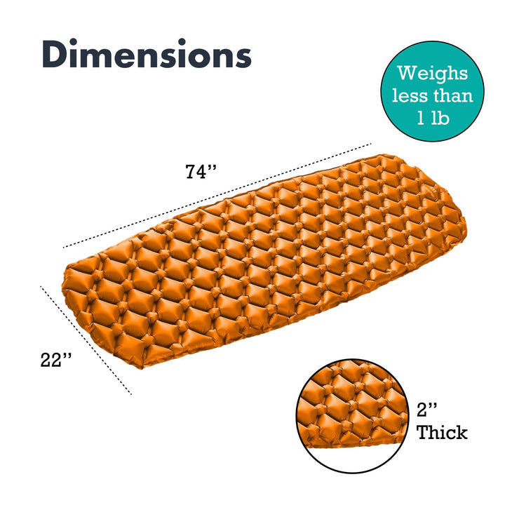 Inflatable Mat for Camping - Ultralight Sleeping Pad for Camping and Backpacking - Compact Air Mattress - Camping Mat with Tear-Resistant Ripstop Nylon - 73.5 x 21.5 - Black and Orange