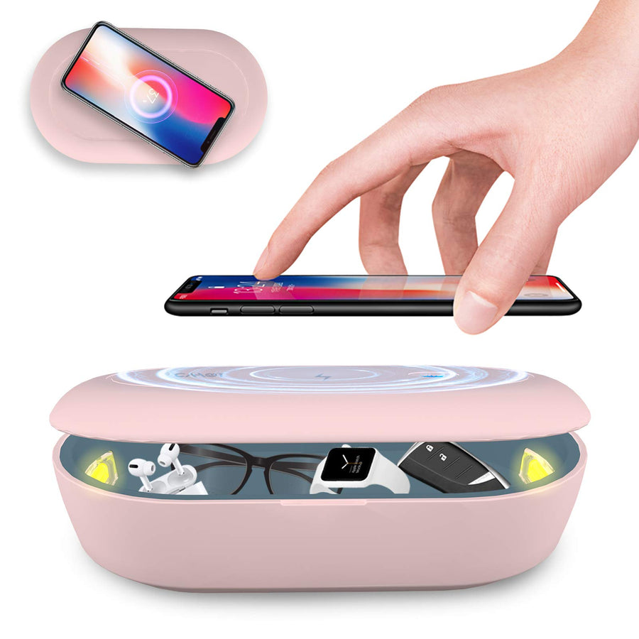 UV Light Sanitizer Box with Wireless Charging, 8 UV-C LED Lights for Phones, Toothbrushes, Nail Tools, Jewelry, and More (Pink)