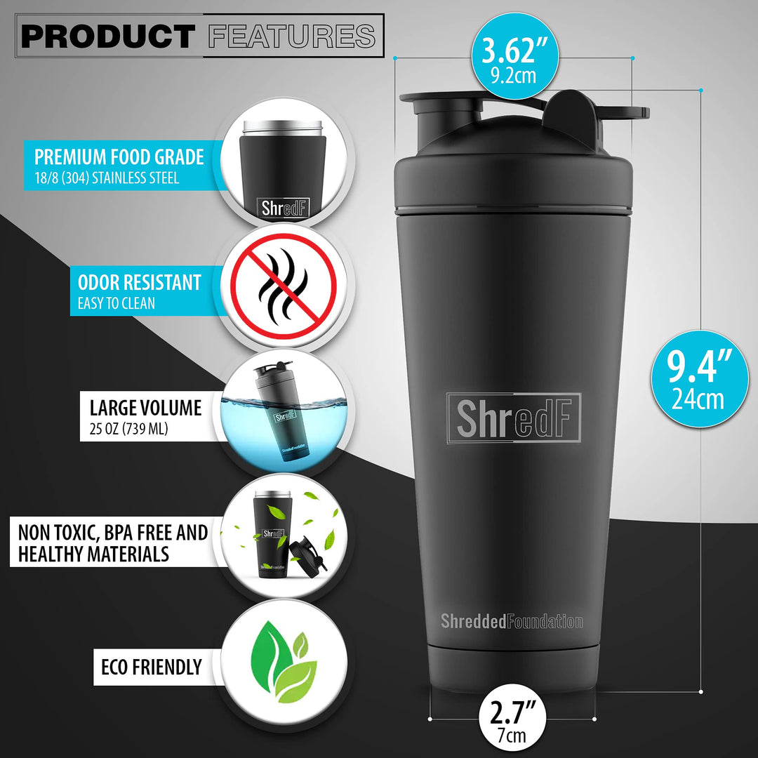 Premium Stainless Steel Shaker,Double Wall Vacuum Insulated Protein Shaker Bottle with Mixer Ball for Gym,Leakproof One-Click Lid,BPA-Free Metal Smoothie Cup for Hot & Cold Drinks,25oz (Matte Black)