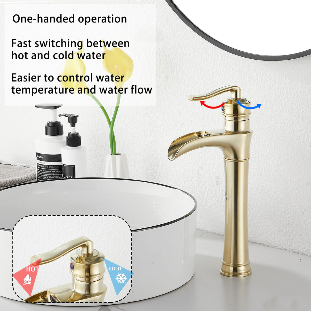 Brushed Gold Bathroom Faucet Waterfall Bathroom Faucet Single Handle One Hole Tall Body Farmhouse Bathroom Vessel Sink Faucet Vanity Faucet Matching with Pop Up Drain