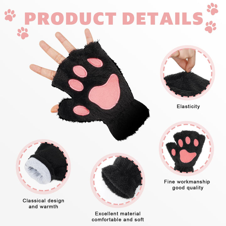 Cat Claw Bear Paw Fingerless Winter Plush Gloves 1*Pair(Black)