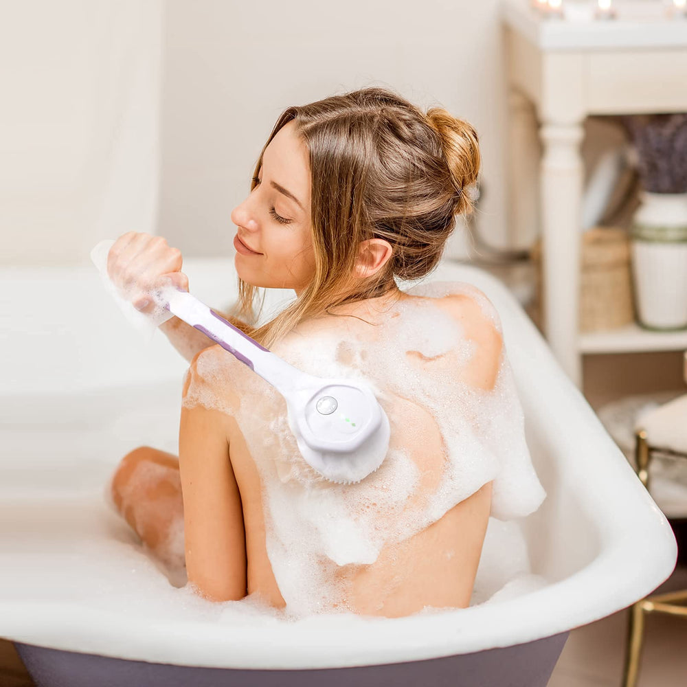 Electric Body Brush with 5 Attachments: Rechargeable Back Brush IPX7 Long Handle Exfoliating Spin Scrubber for Shower Bathing Cleansing Wash Deep Cleaning