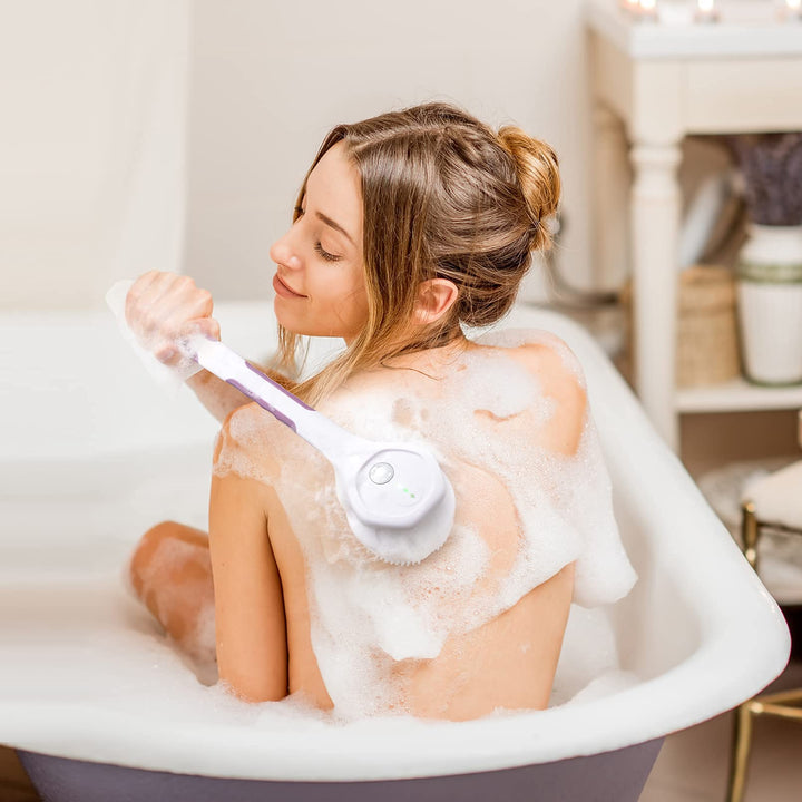 Electric Body Brush with 5 Attachments: Rechargeable Back Brush IPX7 Long Handle Exfoliating Spin Scrubber for Shower Bathing Cleansing Wash Deep Cleaning