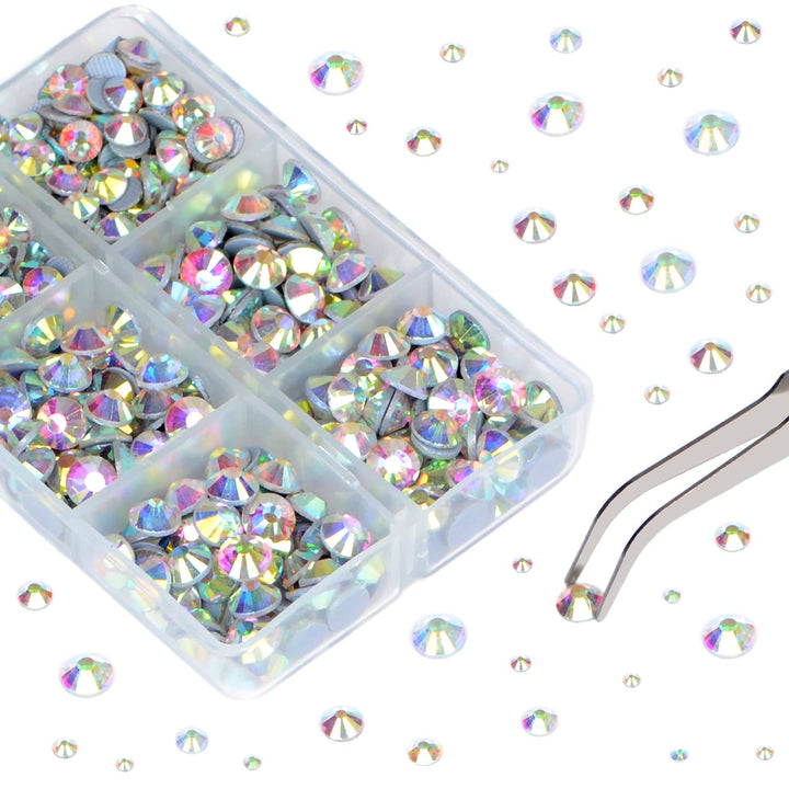 QOGIL 6300pcs Clear AB Hotfix Rhinestones for Crafts Clothes DIY with Tweezers and 2 Picking Pens Mixed Size Flatback Rhinestone