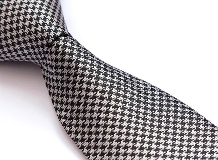 Handmade, Executive Wardrobe Accessory, Black and White (Tuxedo Color) Houndstooth 3.4 Silk Jacquard Woven Men's Necktie Tie