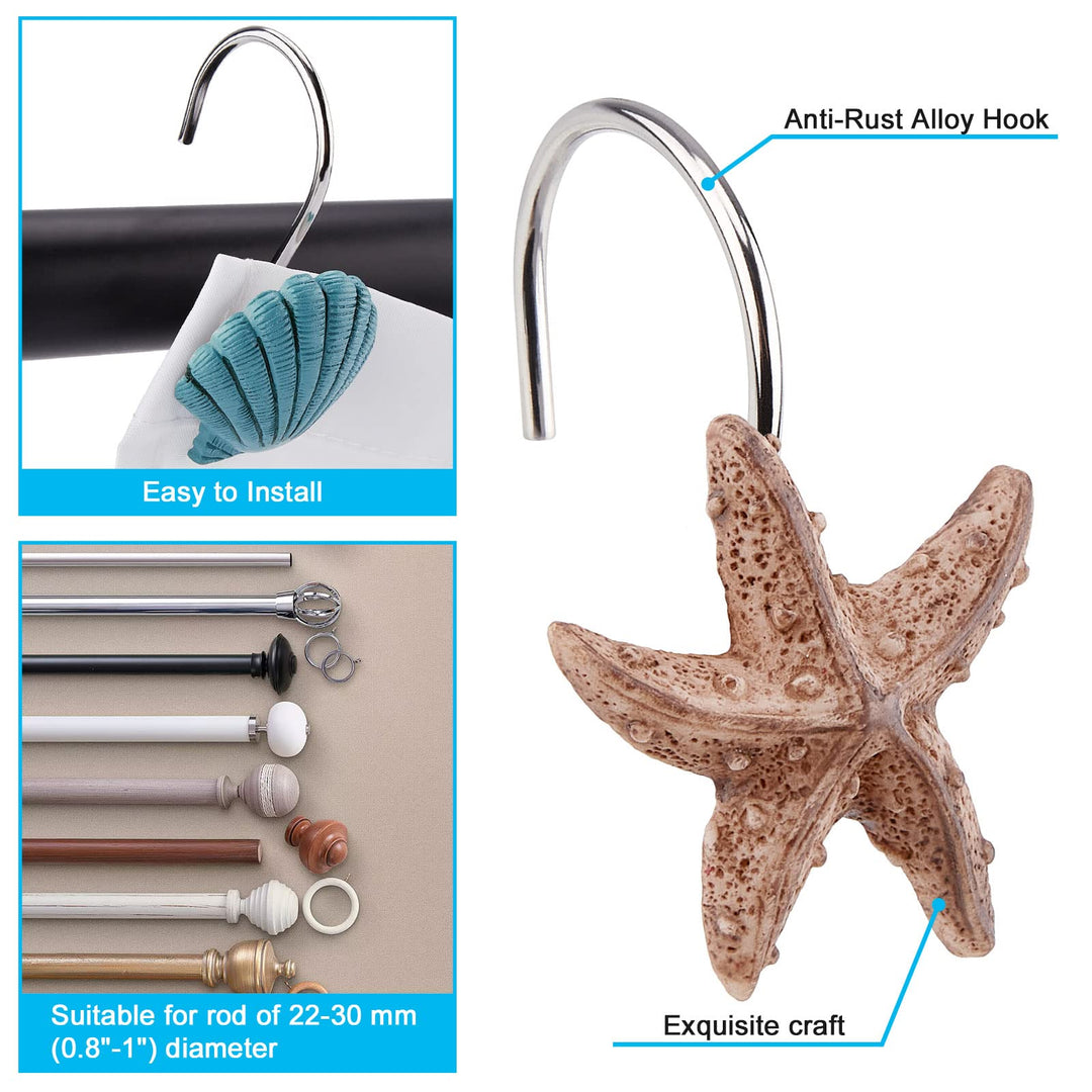 AGPtek® Seashell Shower Curtain Hooks, 12PCS Anti Rust Decorative Resin Hooks for Bathroom, Baby Room, Bedroom, Living Room Decor (Blue Seashell)