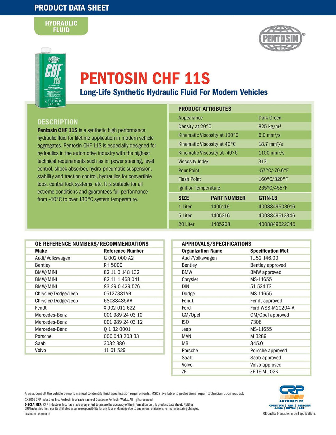 1405116 CHF 11S Long-Life Synthetic Hydraulic Fluid for Audi, Bentley, BMW, Chrysler, Dodge, Jeep, Mercedes-Benz, Mini, Porsche, Saab, Volkswagen, Volvo, and More; 1 Liter