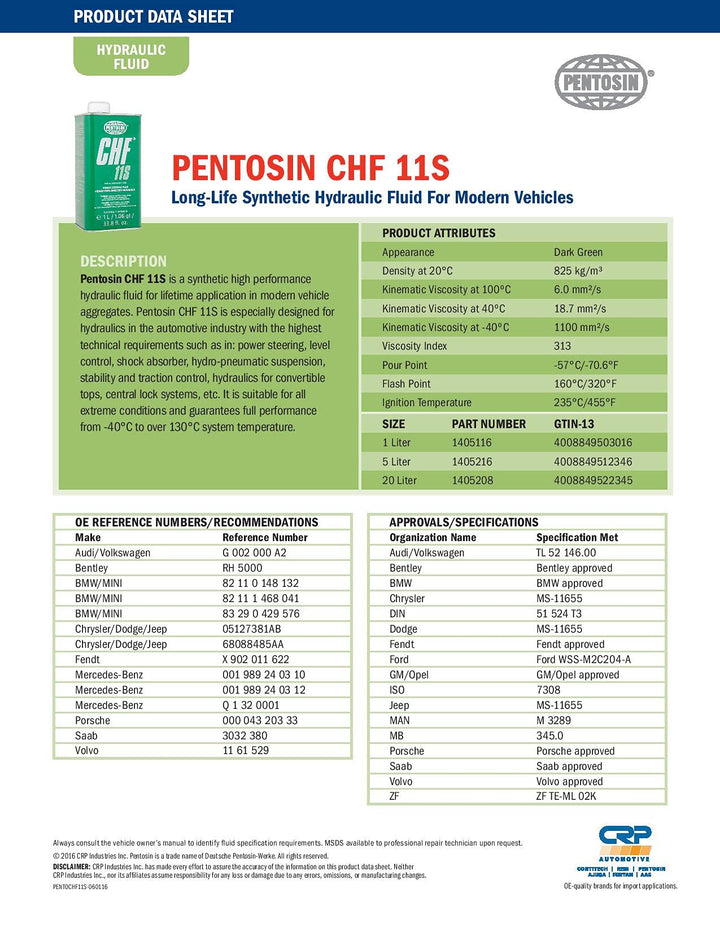 1405116 CHF 11S Long-Life Synthetic Hydraulic Fluid for Audi, Bentley, BMW, Chrysler, Dodge, Jeep, Mercedes-Benz, Mini, Porsche, Saab, Volkswagen, Volvo, and More; 1 Liter