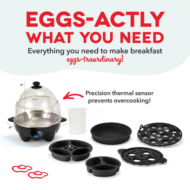 Deluxe Rapid Egg Cooker for Hard Boiled, Poached, Scrambled Eggs, Omelets, Steamed Vegetables, Dumplings & More, 12 capacity, with Auto Shut Off Feature - Black