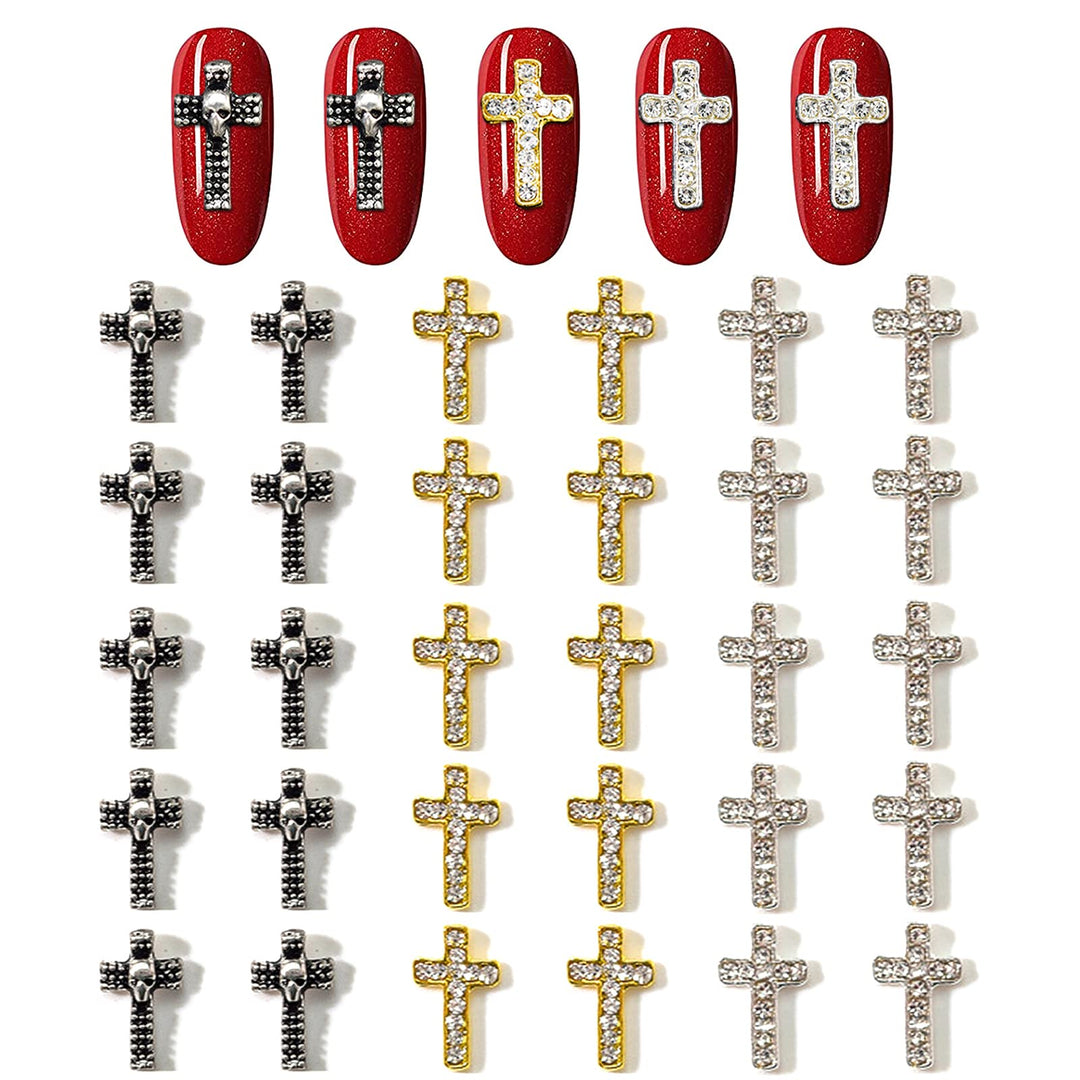 30pcs Nail Cross Charms With Rhinestones for Nails 3D Metal Cross Nail Charm for Nail Art Jewelry Making Nail Art Accessories Cross Nail Charms for Nail Art Halloween 3D Nail Charms