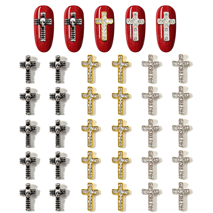 30pcs Nail Cross Charms With Rhinestones for Nails 3D Metal Cross Nail Charm for Nail Art Jewelry Making Nail Art Accessories Cross Nail Charms for Nail Art Halloween 3D Nail Charms
