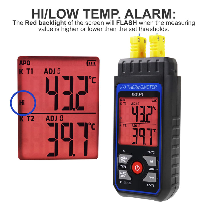 Thermocouple Thermometer Digital K Type Thermometer with 4 Thermocouples, -328~2500 Measuring Range HVAC Thermometer Dual Channels Temperature Meter Gauge with LED Backlight & ADJ Compensation