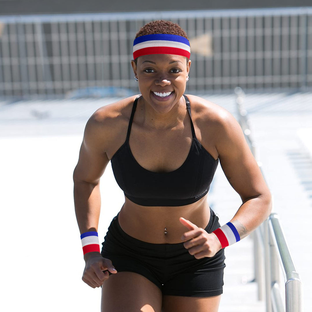 American Flag Sports Headband & Wristband Set - 4 Styles Striped Sweatbands for Basketball, Football, Running, Gym & Exercise - 1 Headband, 2 Wristbands