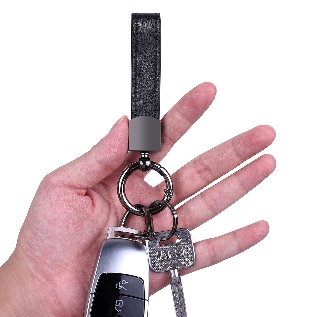 Genuine Leather Car Keychain, Universal Key Fob Keychain Leather Key Chain Holder for Men and Women, 360 Degree Rotatable, with Anti-lost D-ring, 3 Keyrings and 1 Screwdriver - Black
