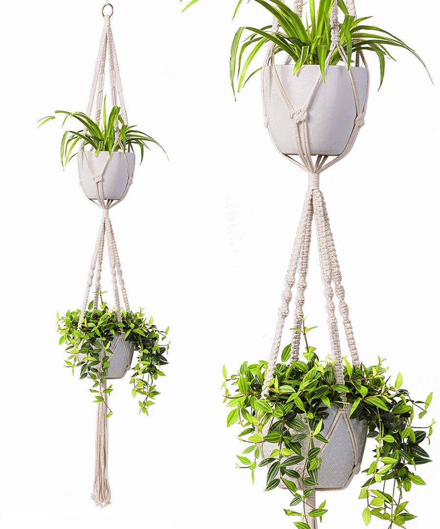 2 Tier Macrame Plant Hanger Handmade Double Indoor Hanging Planter Pot Holder - Modern Boho Home Decor - 1 PCS Ceiling Hook