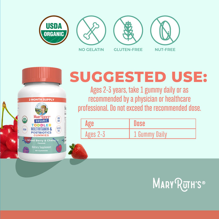 Toddler Multivitamin Gummies + Postbiotics | USDA Organic | Vitamins for Kids Ages 2+ | Immune Support | Vitamin C | Vitamin D3 | Vitamin A | Zinc | Vegan | Non-GMO | 60 Servings