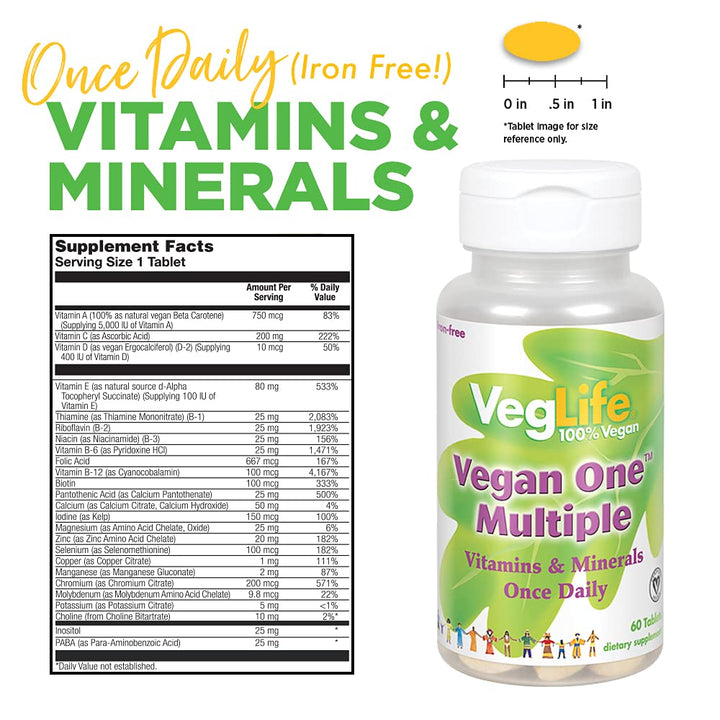 VegLife Vegan One Multiple, Iron-Free | Once Daily Multivitamin & Mineral Complex | Certified Vegan | 60 Tabs, 60 Serv.