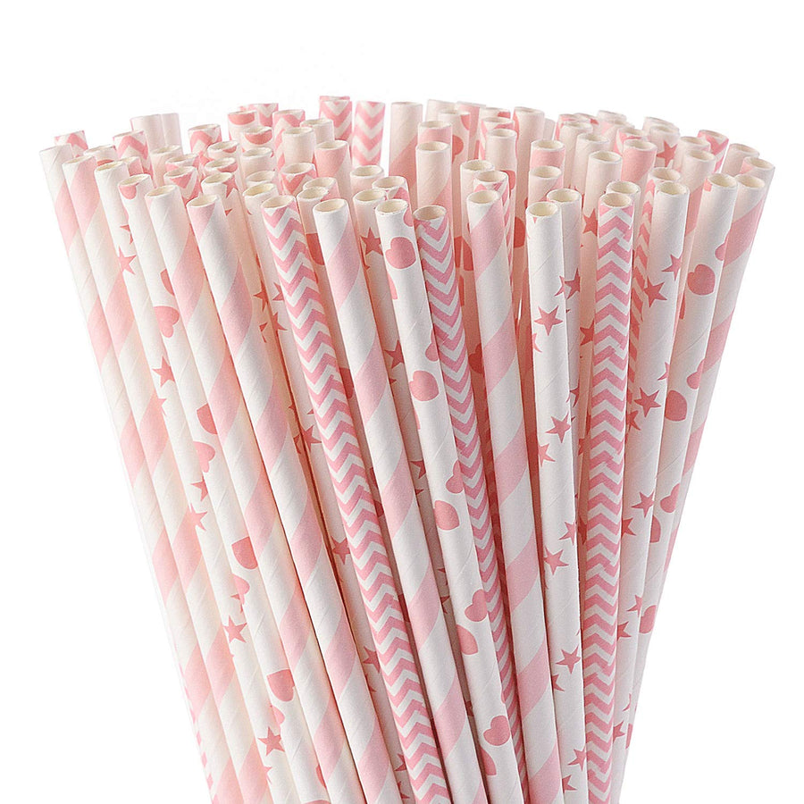 Biodegradable Pink Paper Straws, Pack of 100 Party Straws for Juice, Cocktail, Smoothies, Birthday, Wedding, Bridal/Baby Shower and Christmas Decorations