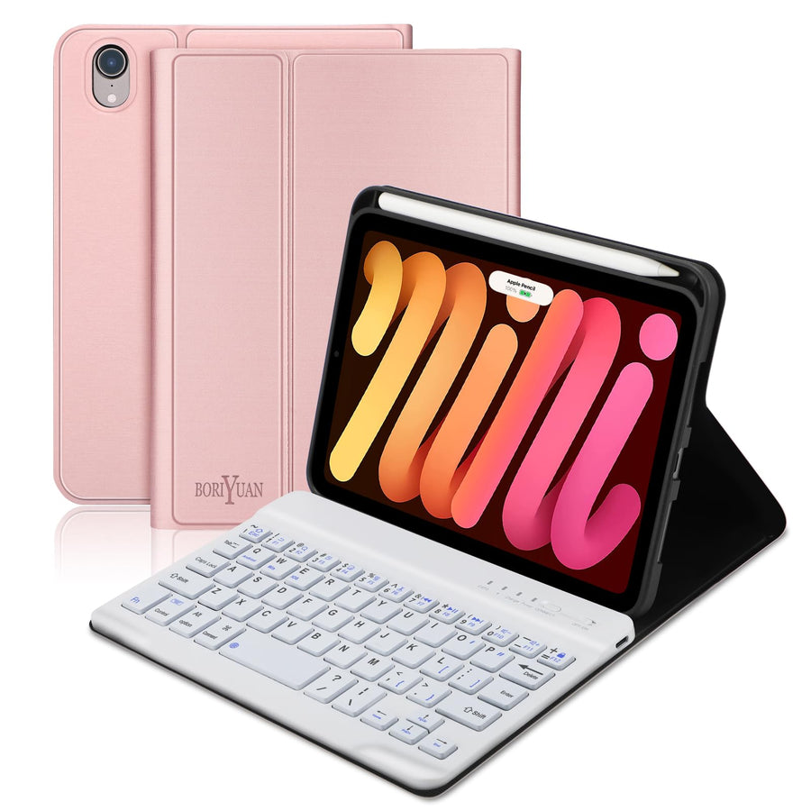 iPad Mini (A17 Pro) 7th Keyboard Case 2024, Detachable Wireless Bluetooth Keyboard Slim Folio Smart Cover with Build-in Pencil Holder for iPad Mini 7th/6th 2021 Generation 8.3 inch, Rose Gold