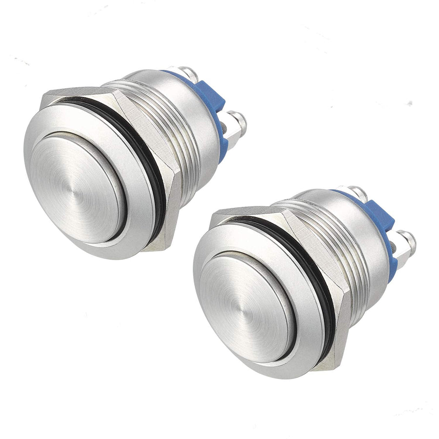 19mm Momentary Push Button Switch High Round Cap Waterproof Stainless Steel Metal High Flush Screw Terminals 250V 5A 1NO SPST (Pack of 2)